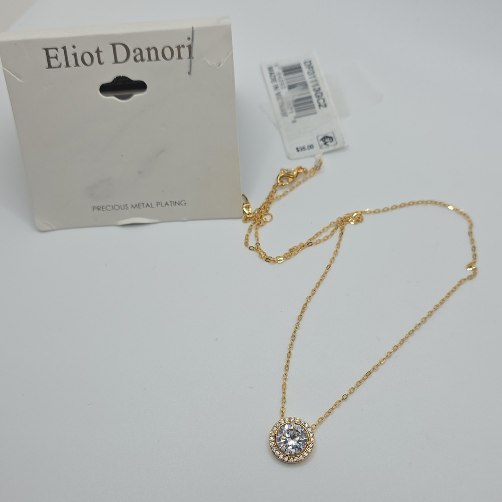 Eliot Danori Gold Plated Cable Chain Necklace Cubic Zirconia Round Halo Pendant